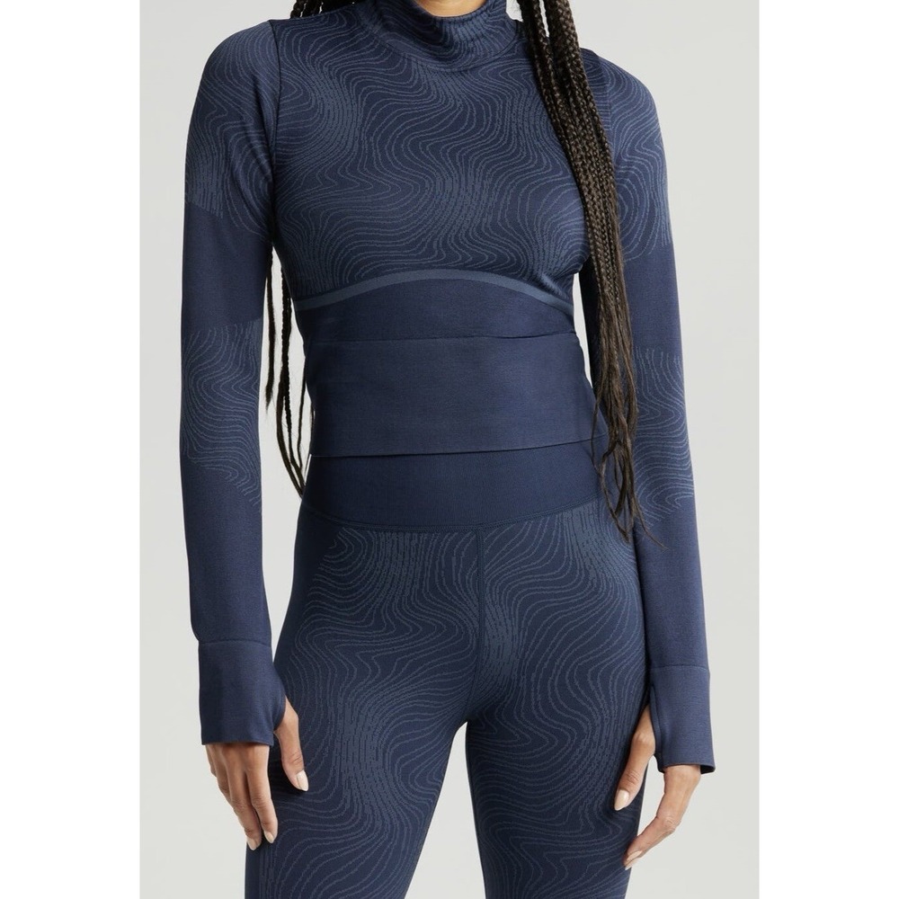 Zella‎  Nordstrom Womens Navy Blue Seamless Mock Neck Long Sleeve Crop Top Small